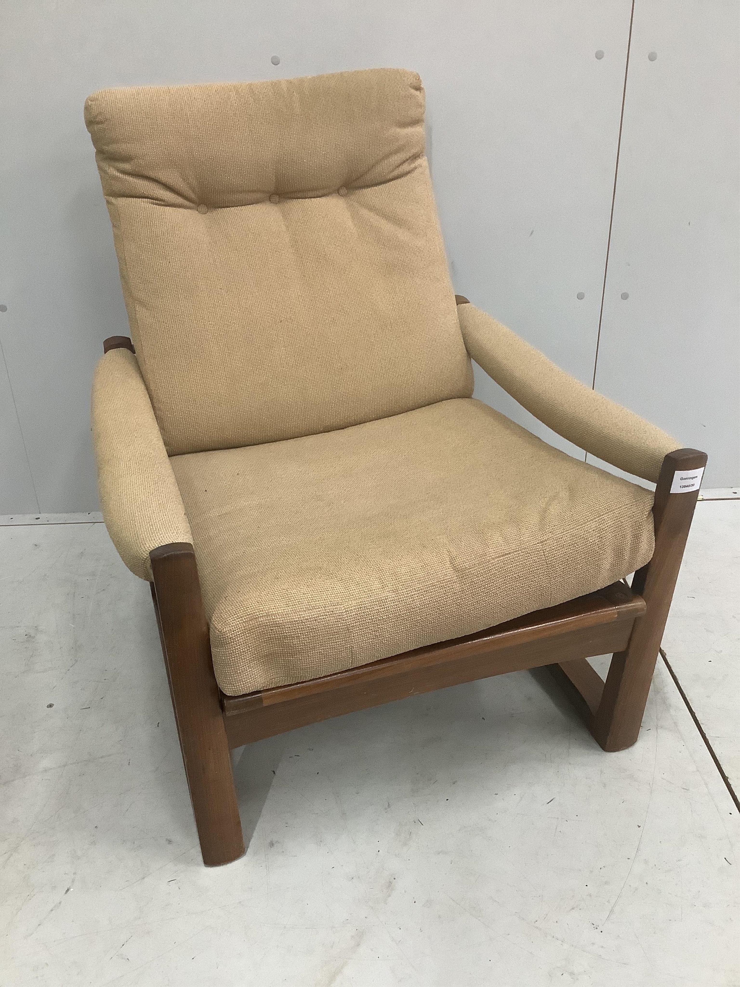 A mid century armchair, width 72cm, depth 80cm, height 88cm. Condition - fair